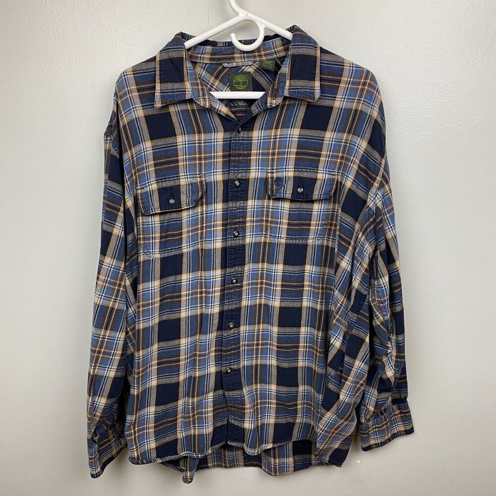 Timberland Flannel Shirt Mens Blue Orange 2XL XXL‎ Long Sleeve Button Up Plaid